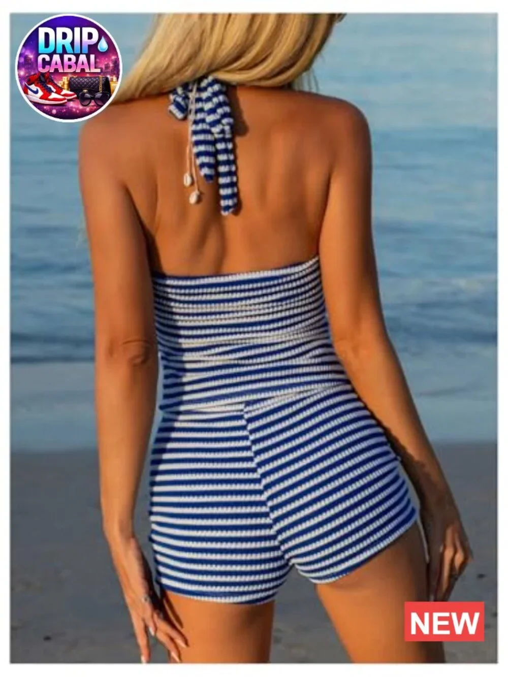 2 Piece Crochet Tankini with Shorts Striped Halter Swimsuits Knit Set